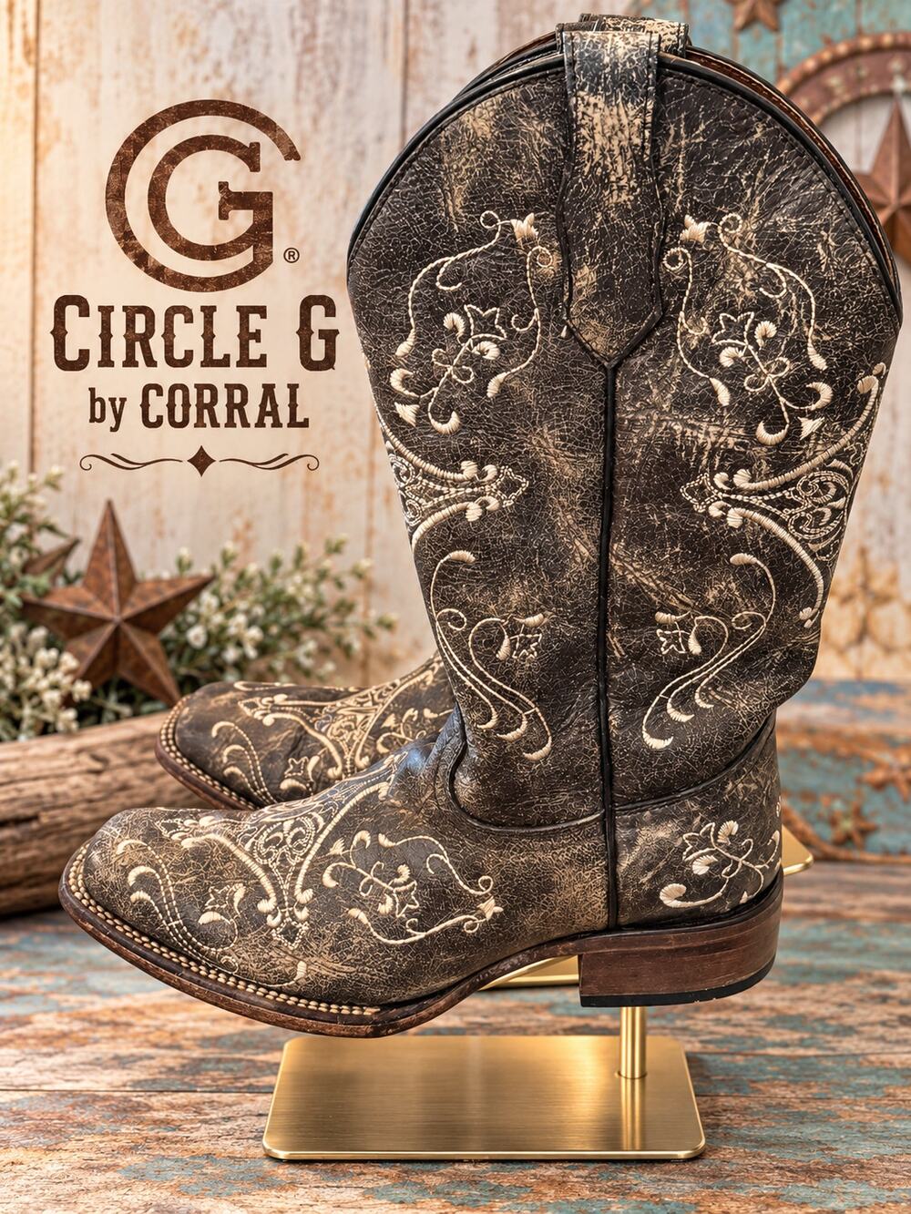 Circle G by Corral Distressed Black Embroidered Leather Cowboy Boots Sz 8